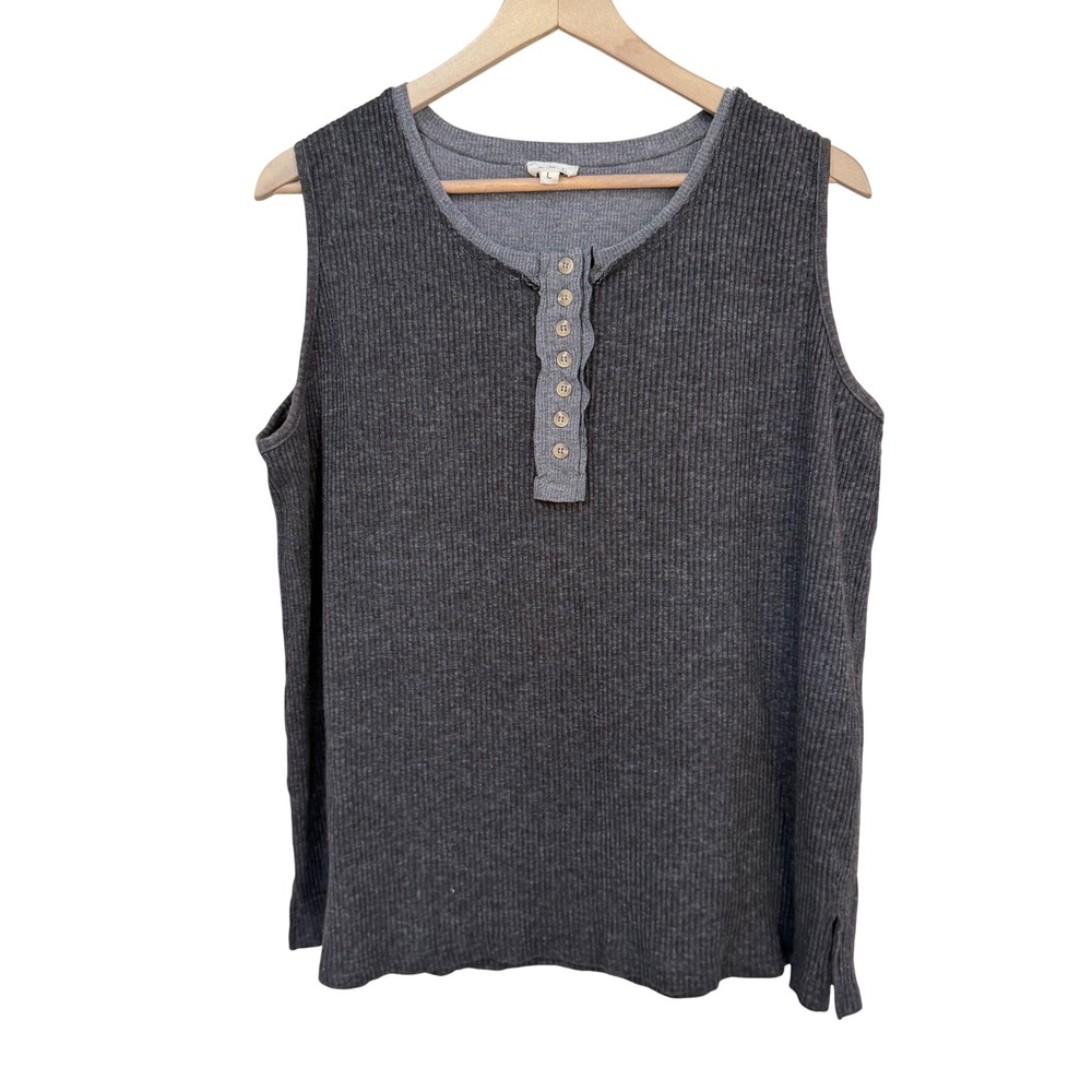 POL Henley Tank Top Large Gray Ribbed Thermal Sleeveless Boho